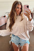Raw Edge Flower Patch Drop Shoulder Contrast Rib Crewneck Long Sleeve Top